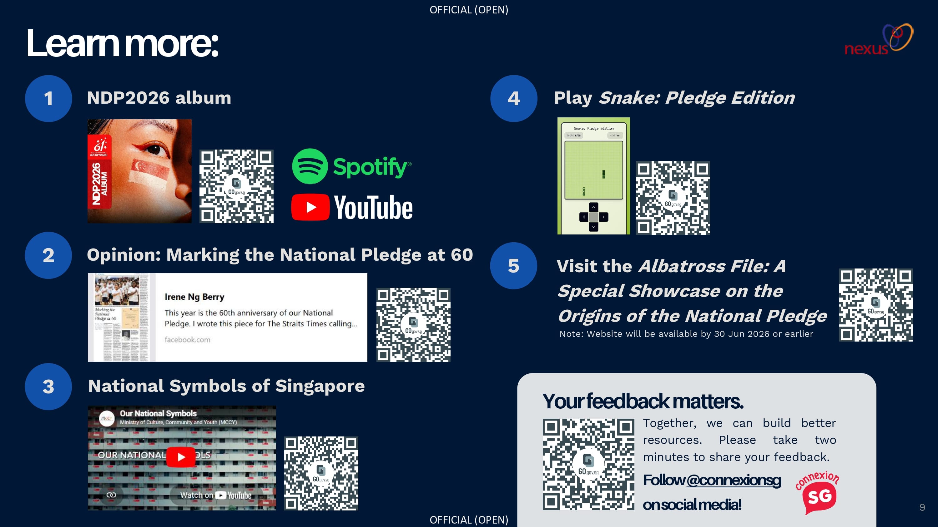 "Learn more" resource slide featuring links, QR codes for digital albums, an opinion piece, a game, and a feedback form.